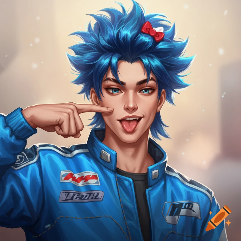 A handsome person with spiky blue hair and a red Hello Kitty bow, wearing a blue racer jacket, sticks out their tongue and points at their cheek.