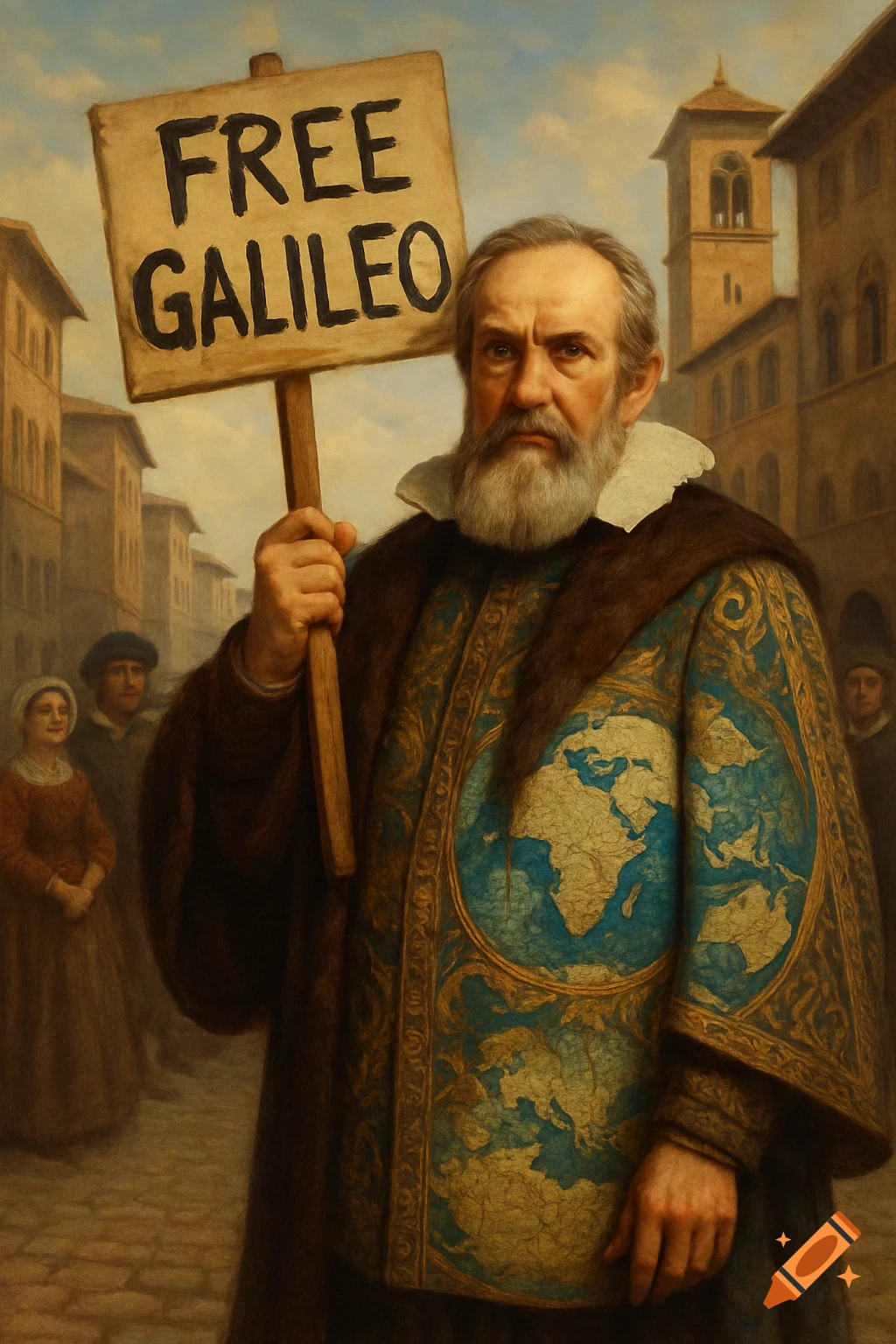 A historical-style painting of Galileo holding a 'FREE GALILEO' sign, wearing a coat adorned with world maps, in a bustling town square.