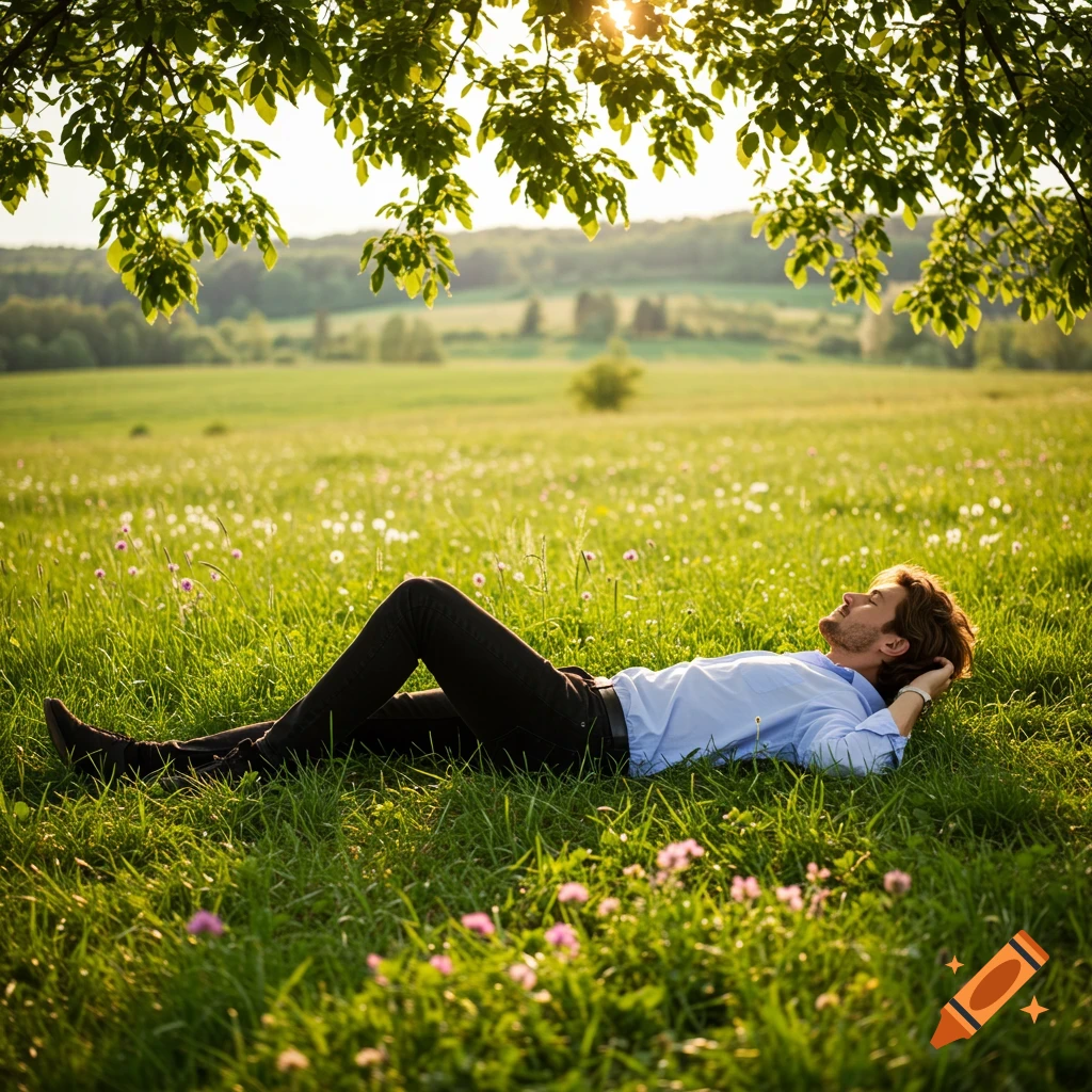 A man in a light blue shirt and black jeans lies relaxed on his back in a sunny green field under a tree.