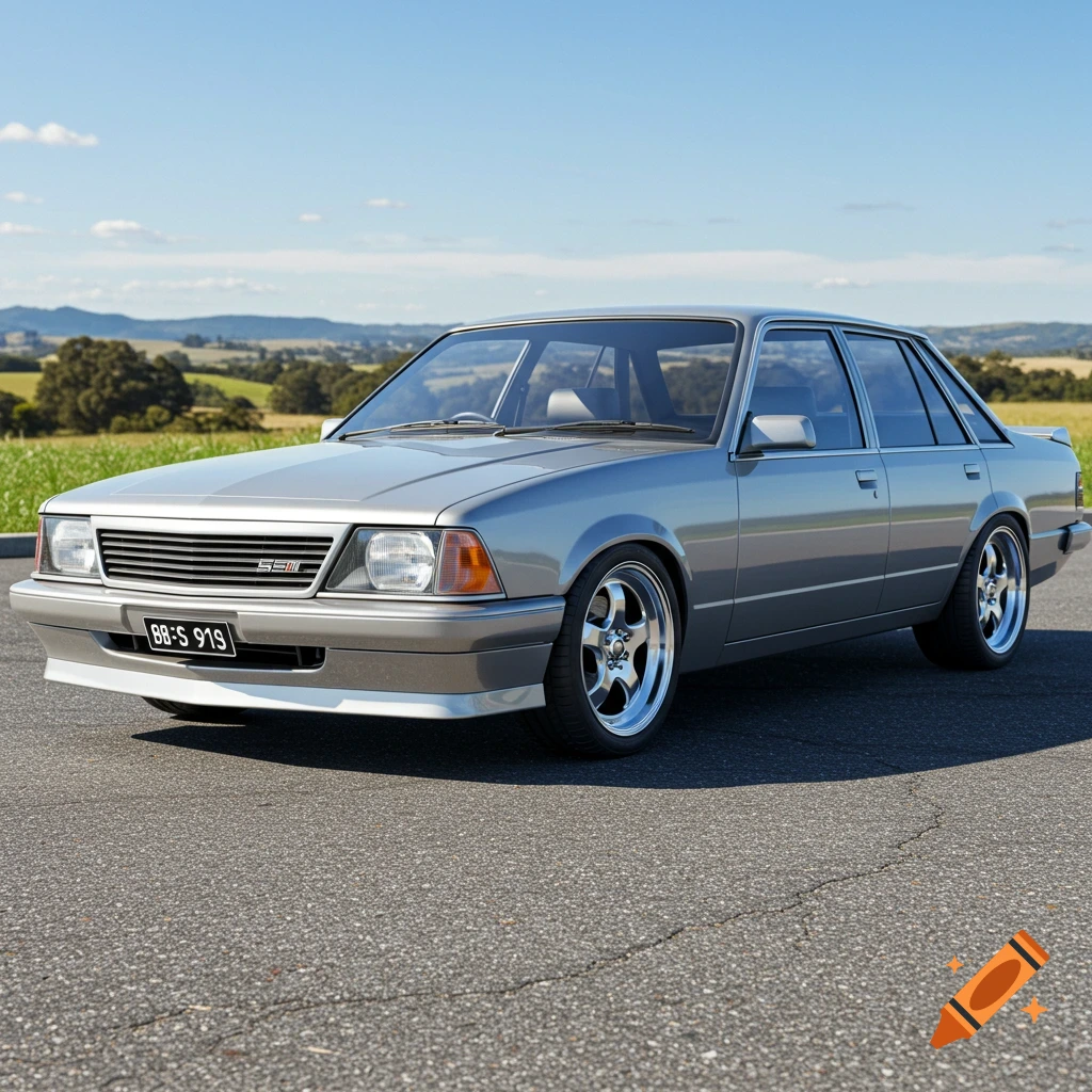 A silver VH Commodore SLE car parked on asphalt with fields and hills in the background on a sunny day.