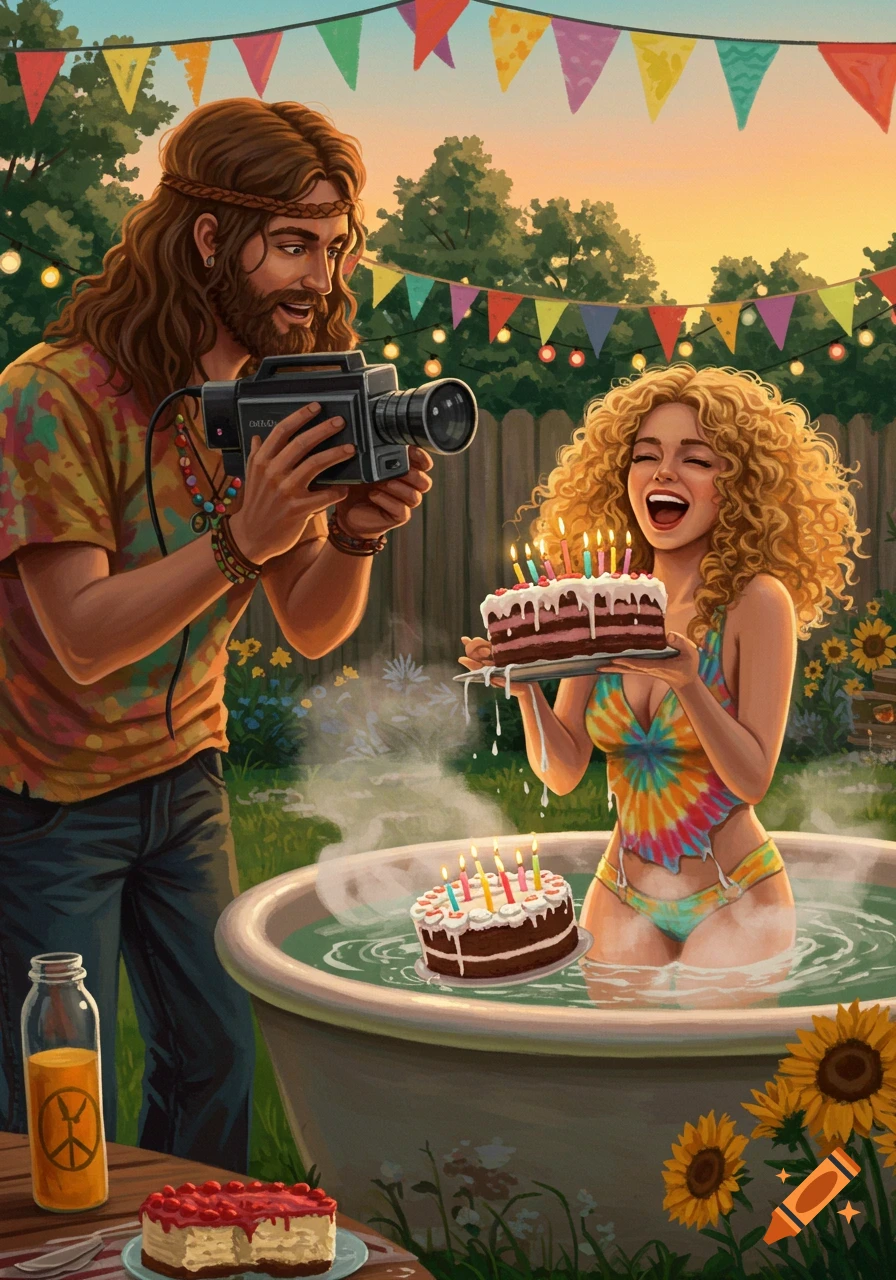 A hippie man films a woman in a hot tub holding a birthday cake with lit candles, another cake floats beside her at an outdoor party.