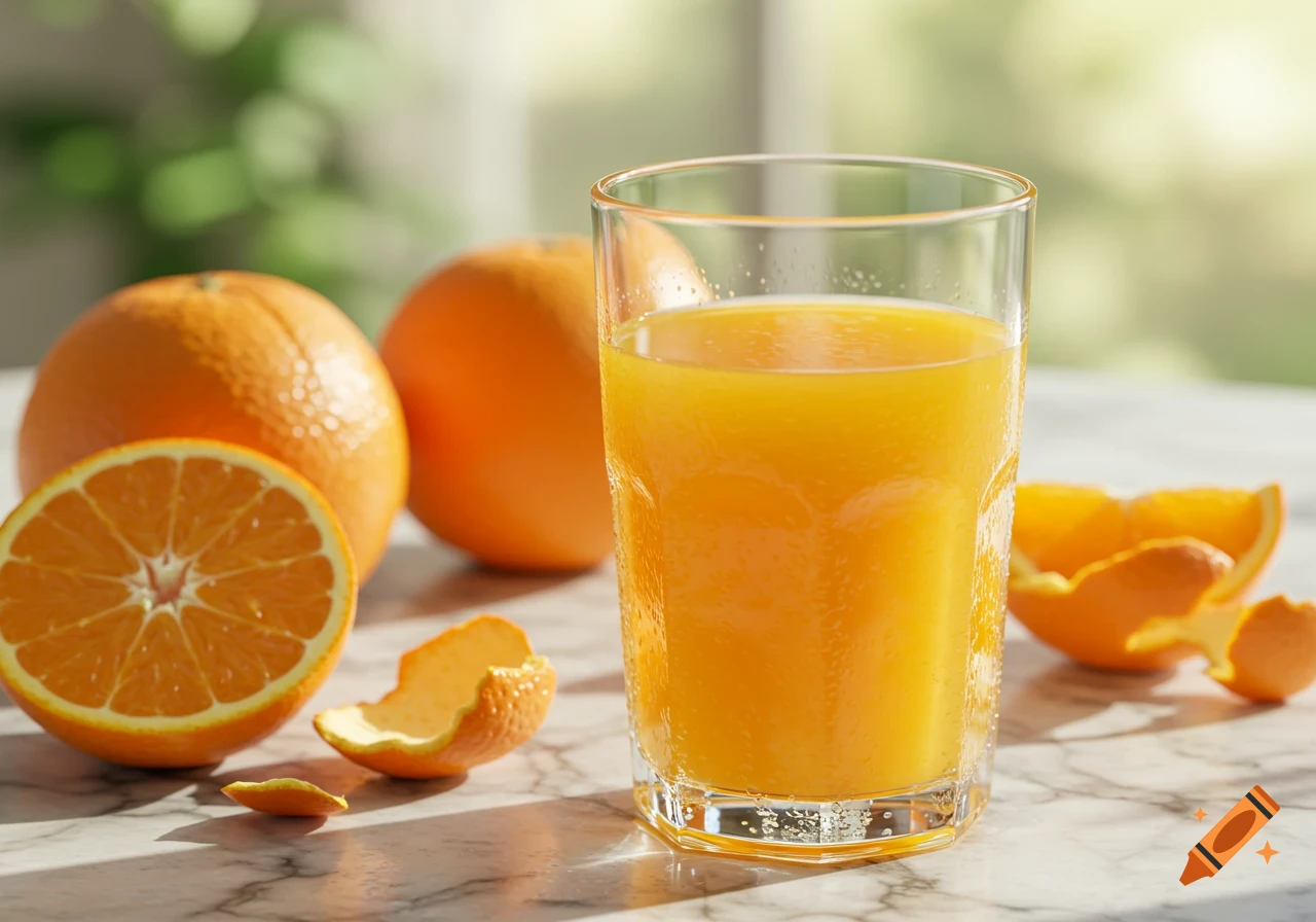 A glass of orange juice next to whole and cut oranges and peels on a marble counter in bright sunlight.