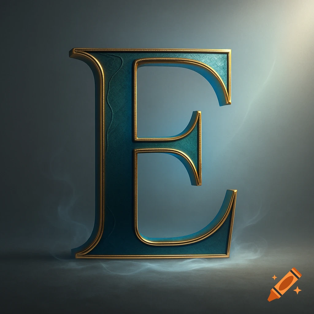 A large, stylized capital letter E in deep teal with a golden outline, standing on a misty grey surface.