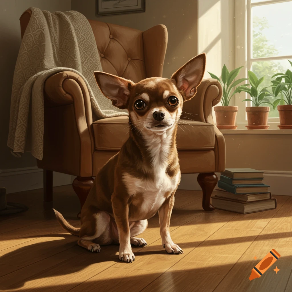 A brown and white chihuahua sits on a sunlit wooden floor in a cozy living room with an armchair and potted plants.