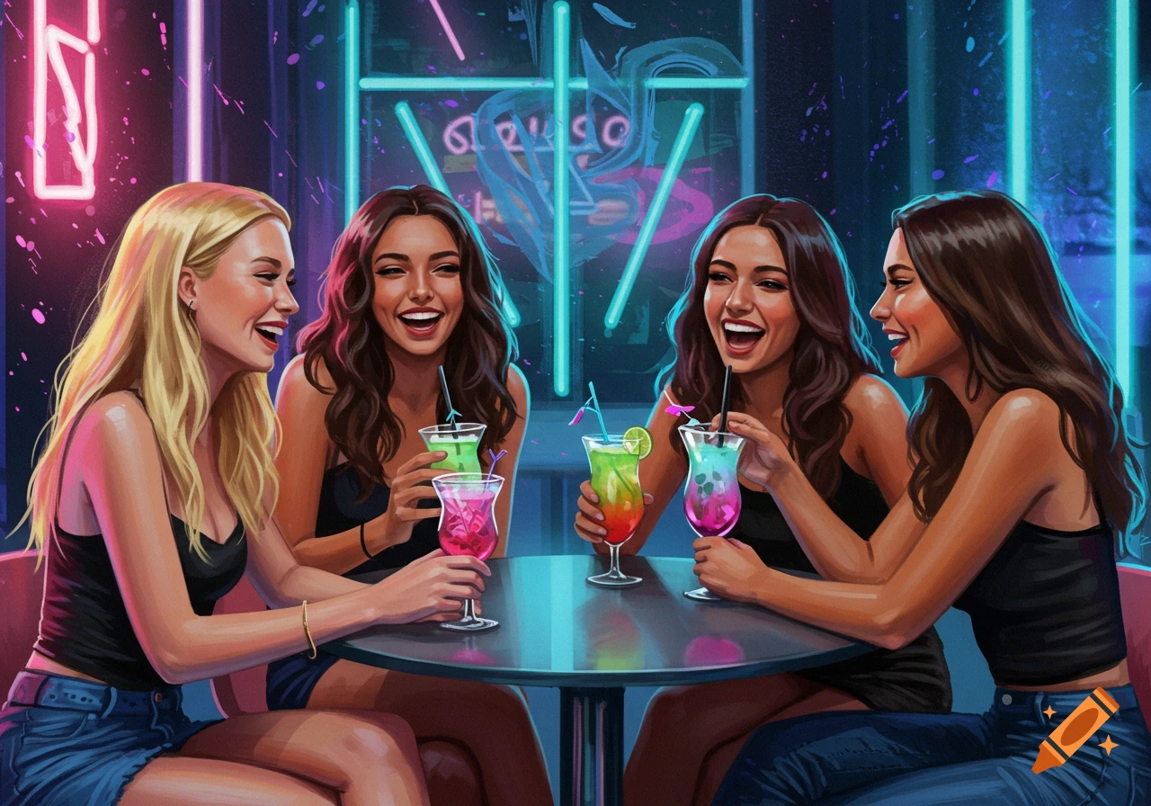 Four women, one blonde and three brunettes, sit at a table in a neon-lit bar, laughing and holding colorful cocktails.