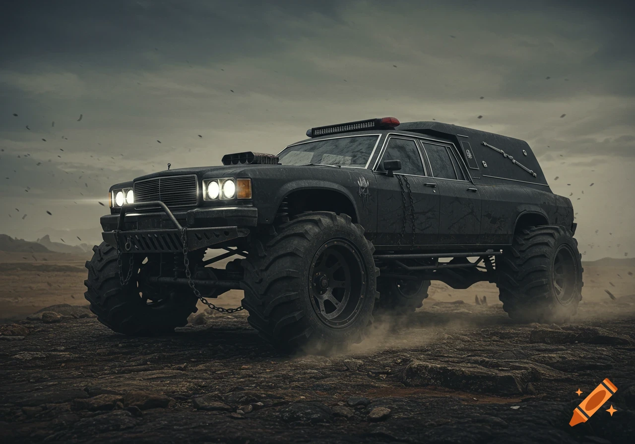A menacing black post-apocalyptic hearse with massive mud tires drives across a barren, rocky landscape under a stormy sky.