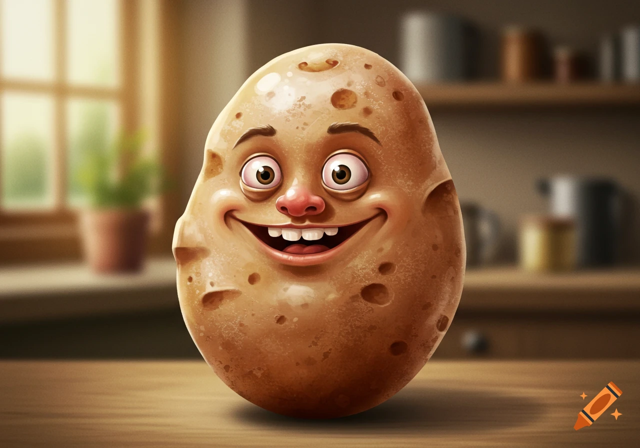 A cartoonish, smiling potato with a goofy face stands on a wooden table in a blurred kitchen background.