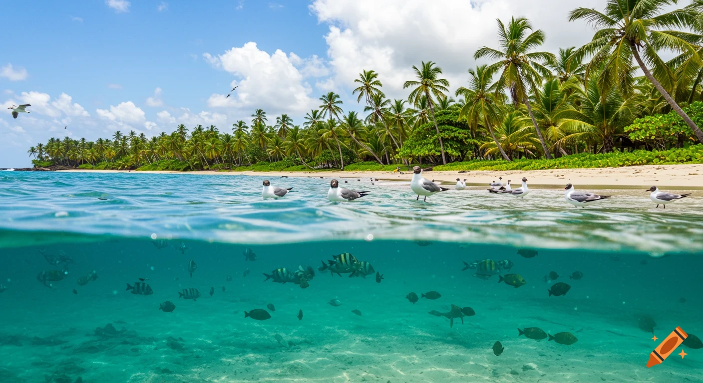 A split-level shot of a tropical beach with palm trees, seagulls in shallow water, and fish swimming underwater.