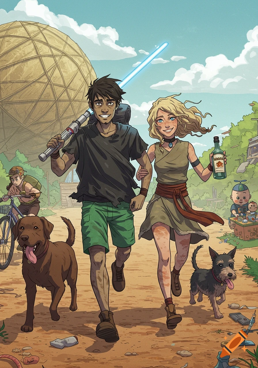 A man and a woman in a cartoon style, walking with two dogs. The man holds a lightsaber, and the woman holds a bottle. A geodesic dome, a boy on a bike, and a baby playing with blocks are in the background.