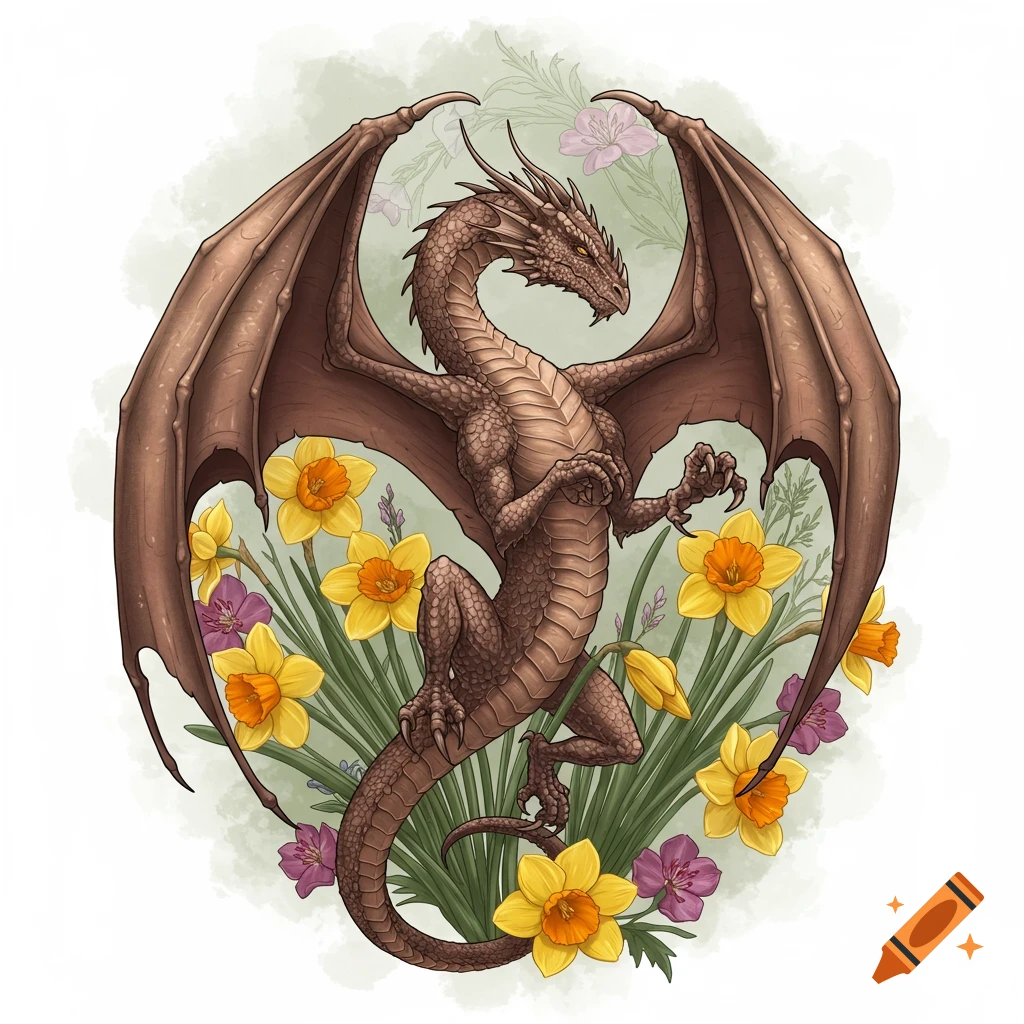 An intricate brown European dragon with spread wings, amidst yellow daffodils and purple flowers, depicted in a detailed illustration style.
