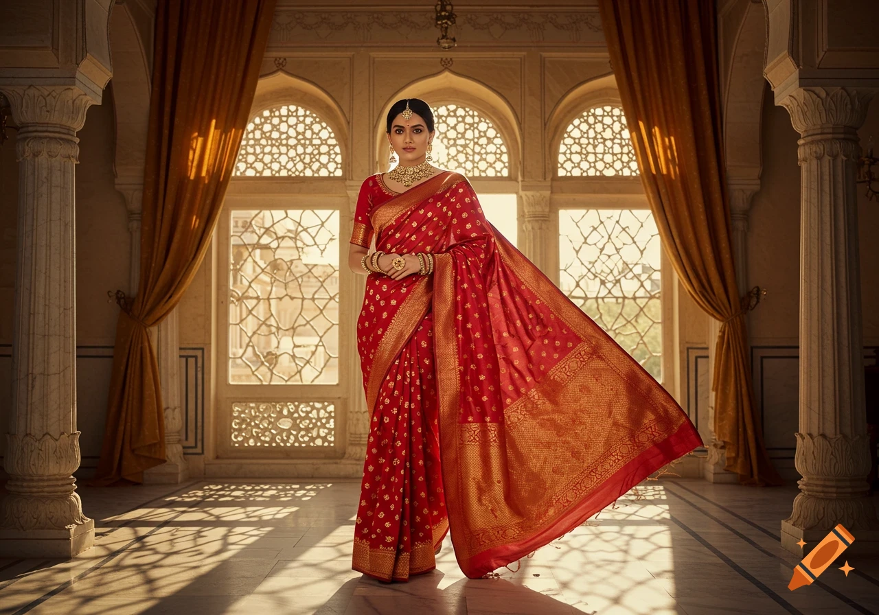 A beautiful Indian woman in a red silk saree and traditional jewelry stands elegantly in a grand palace.