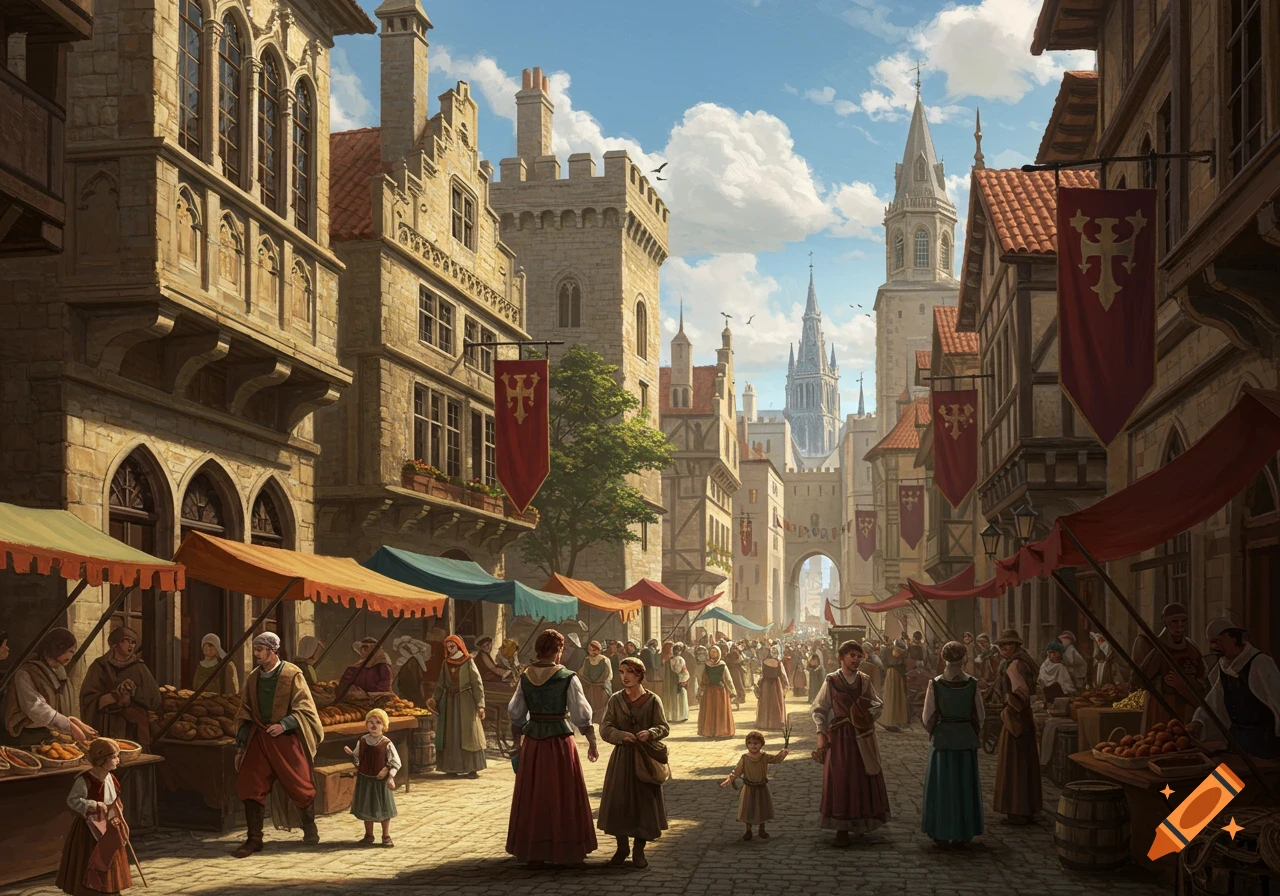 A bustling medieval market street with people browsing stalls under awnings, surrounded by towering stone buildings and distant spires under a cloudy sky.