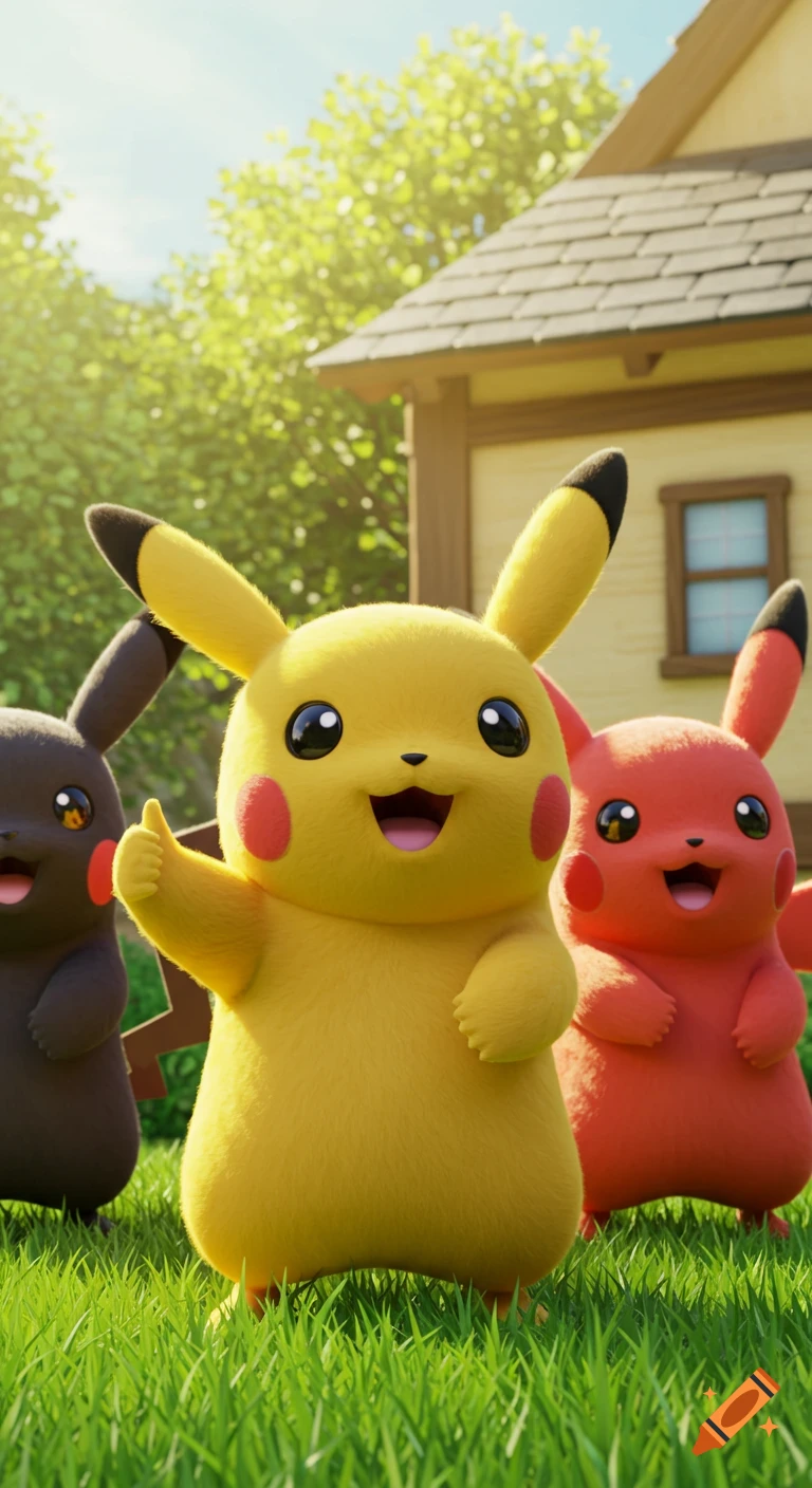 Three cheerful Pikachus, one yellow, one black, and one red, give thumbs up in vibrant grass in front of a wooden house on a sunny day in a cartoon style.