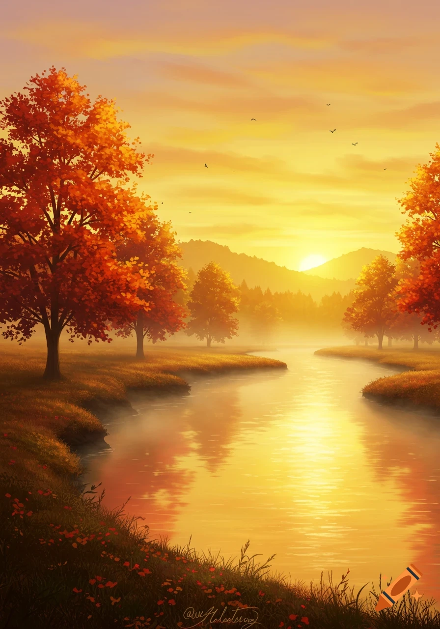 A vibrant digital painting of a golden sunset over a winding river, with orange autumn trees lining its misty banks.