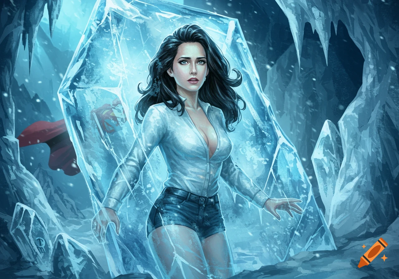 Lois Lane, with dark hair and a white shirt, frozen inside a large block of ice in an icy cave, with Superman's cape and logo visible behind her. Comic art style.