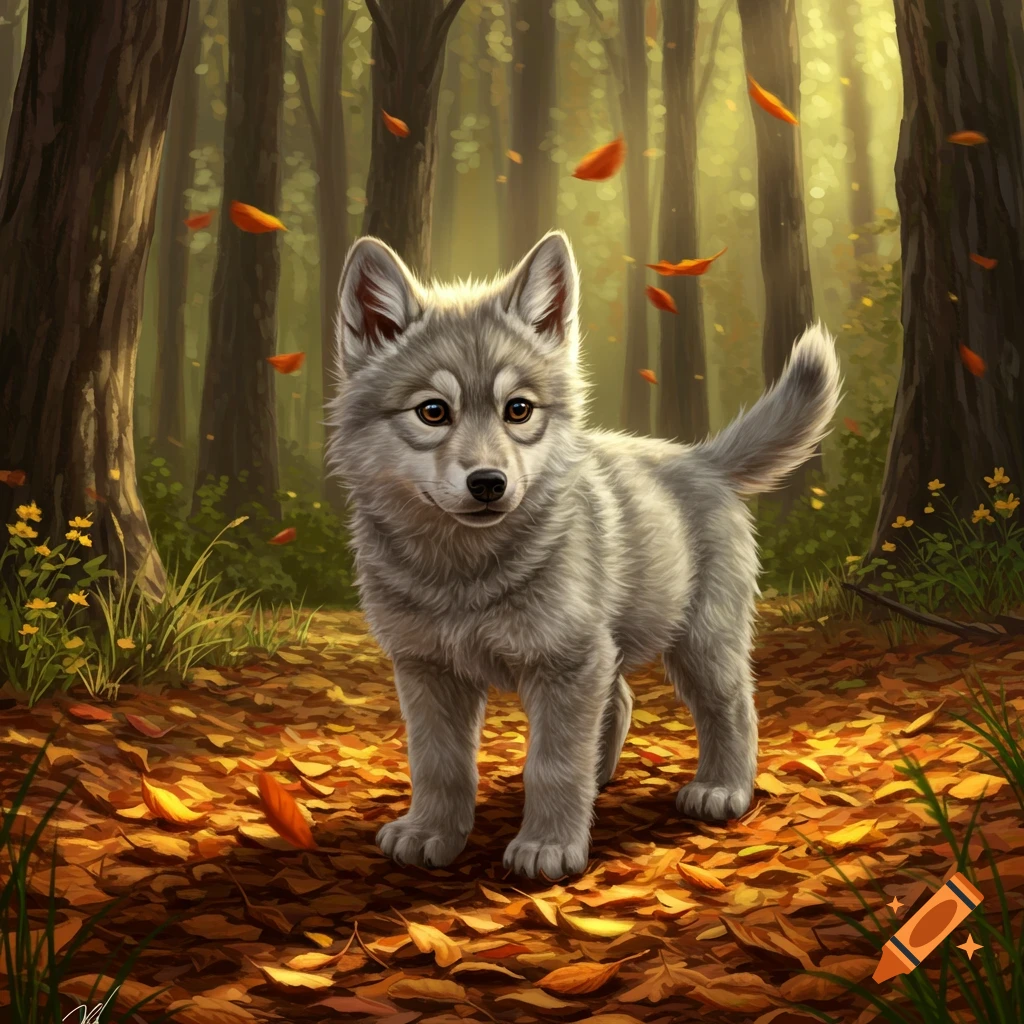 A cute fluffy gray baby wolf stands in an autumn forest filled with fallen orange leaves and tall trees.