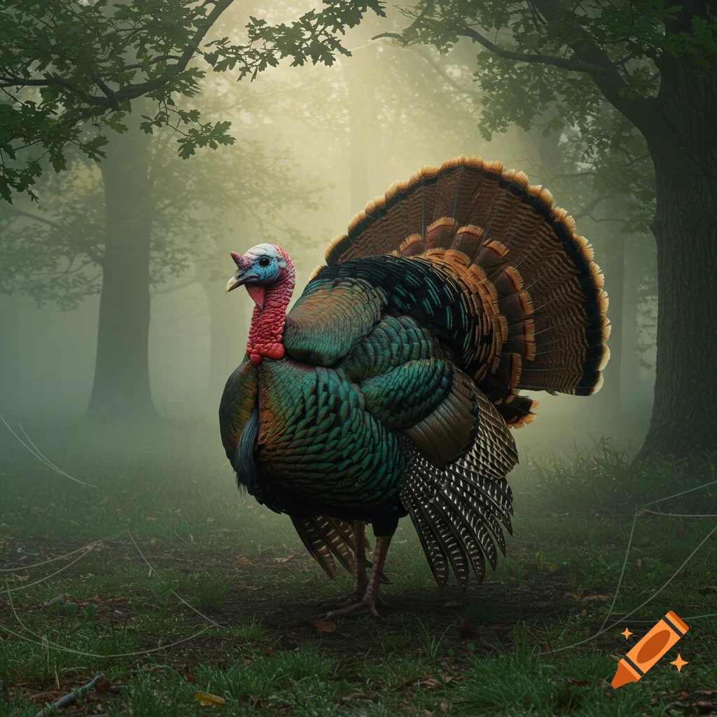 A colorful wild turkey stands in a misty forest with tall trees and green undergrowth.