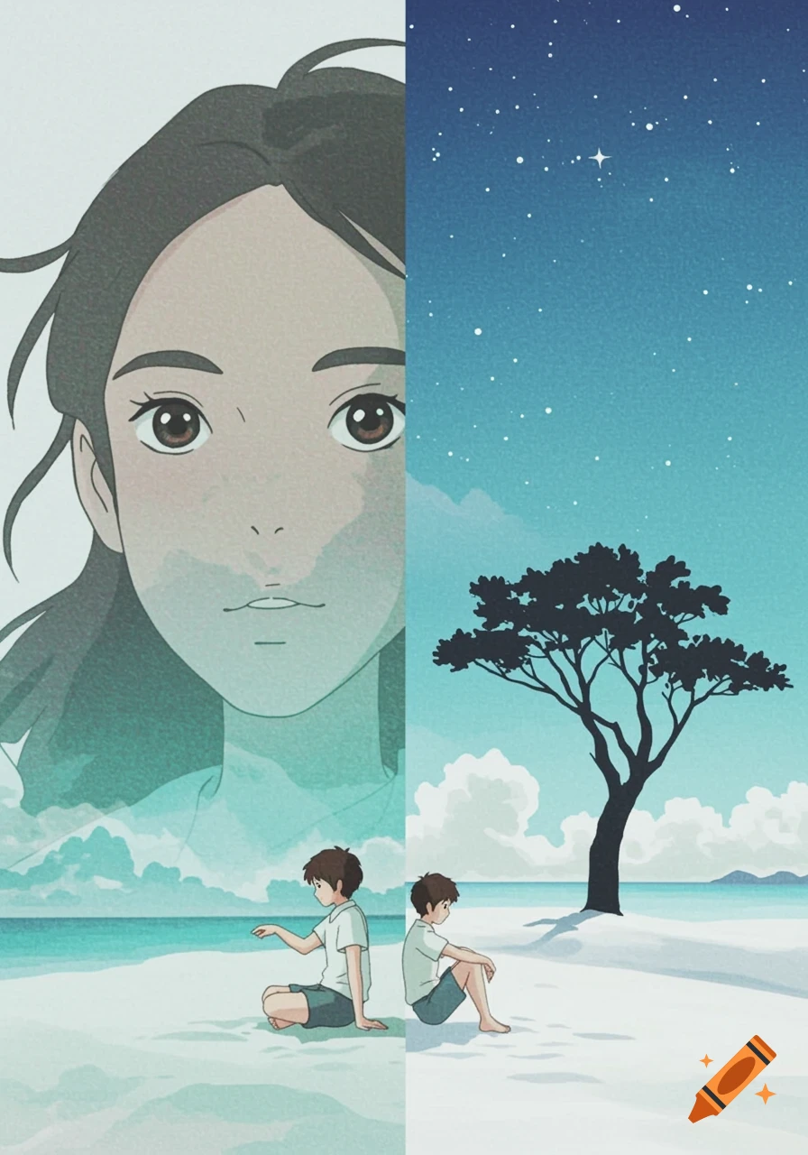 Studio Ghibli style split image of a girl and a starry landscape with a tree and a boy on a beach.