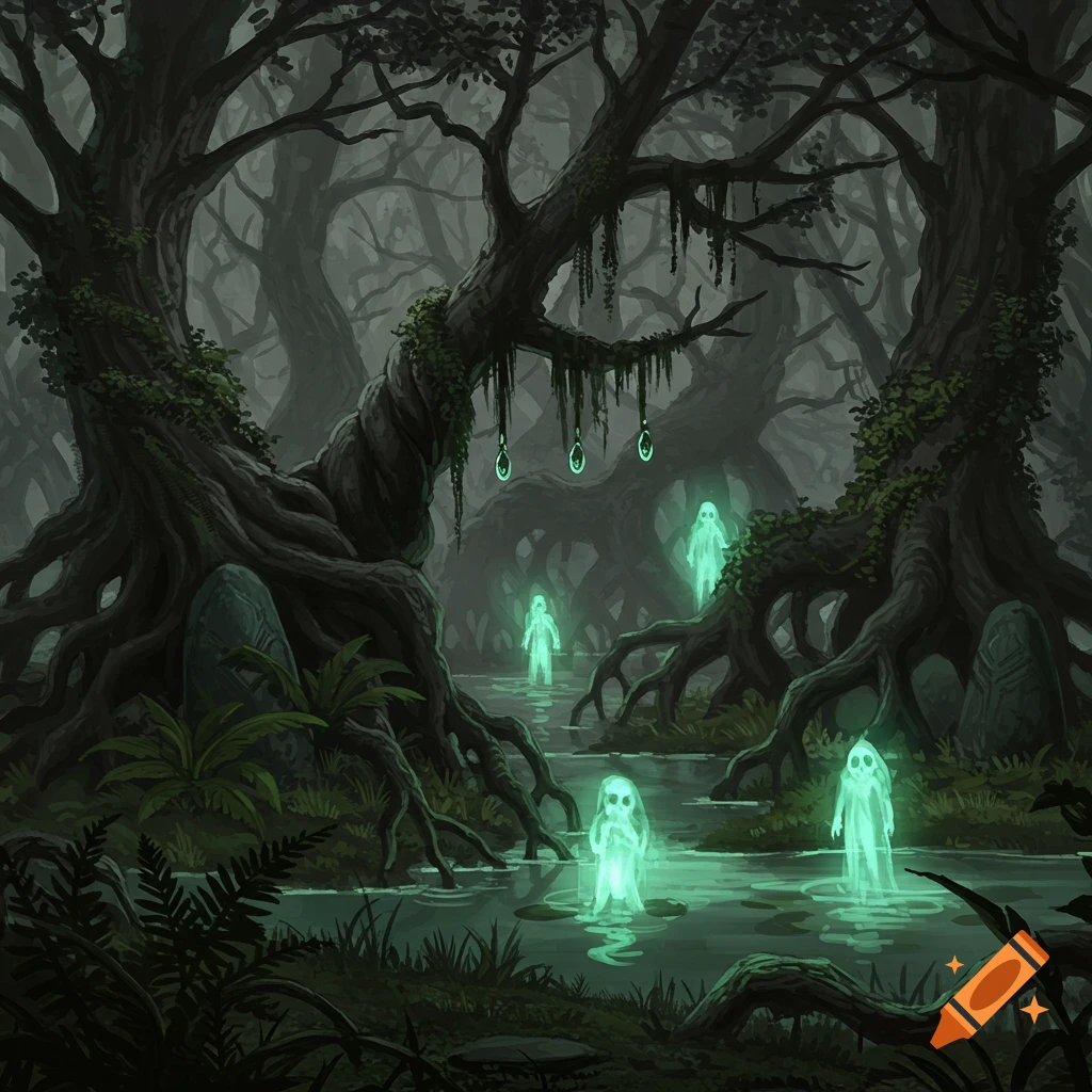 A dark, eerie swamp with gnarled trees, moss, and glowing green ghost figures standing in the water.