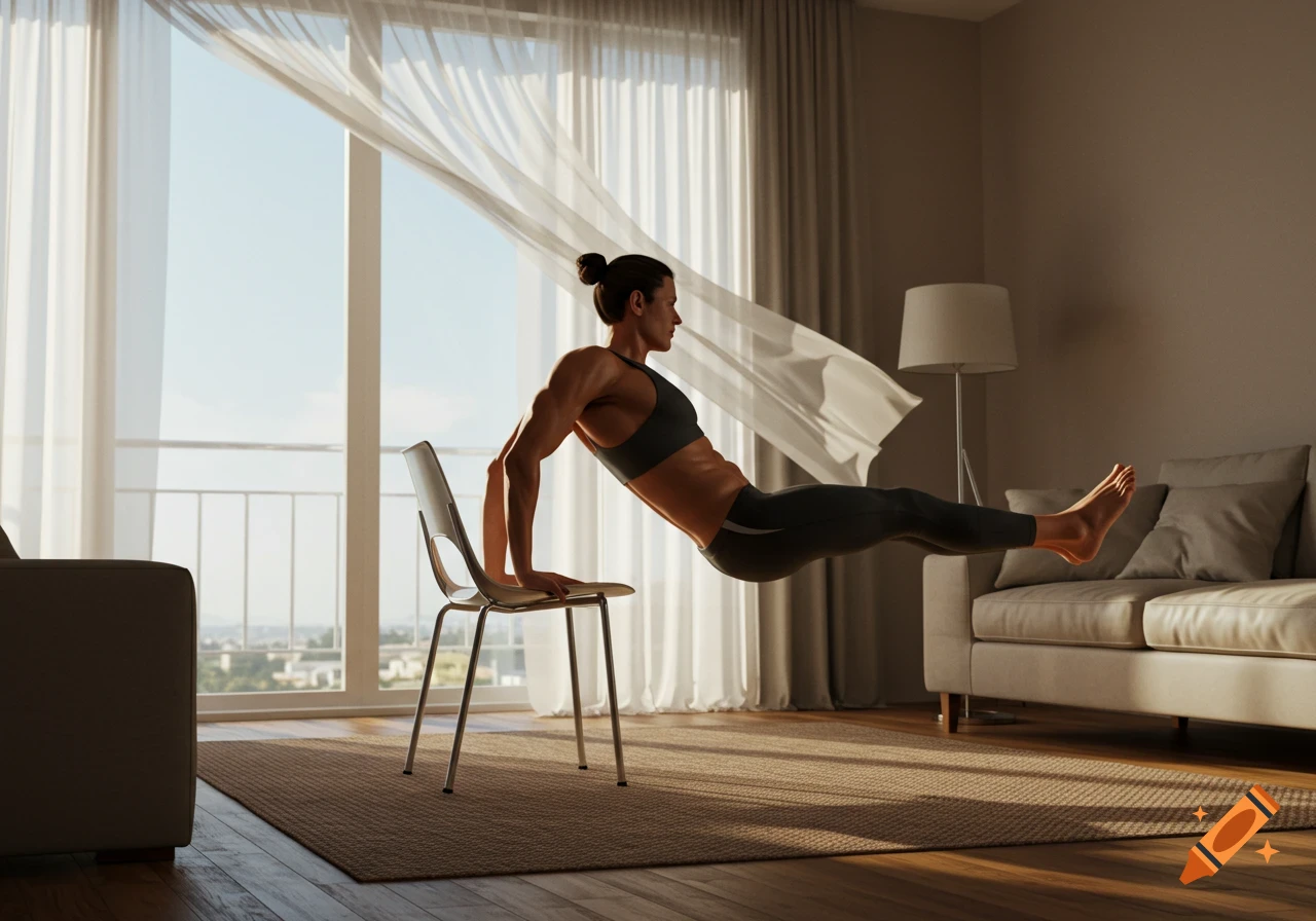 An athletic person performs a chair dip exercise, suspended mid-air with hands on a chair in a bright living room.