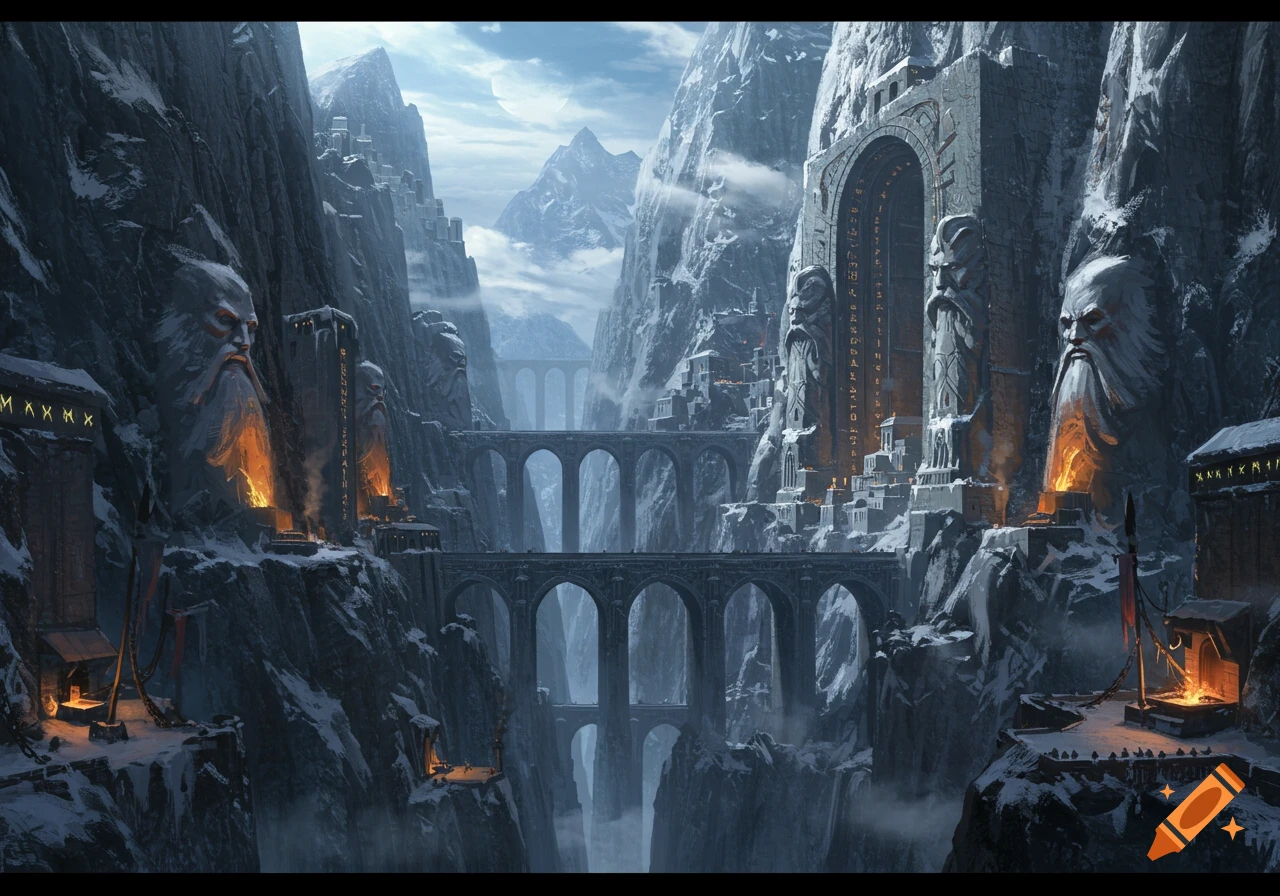 A majestic fantasy dwarven city carved into snow-capped mountains, featuring massive stone structures, bridges, and glowing archways.