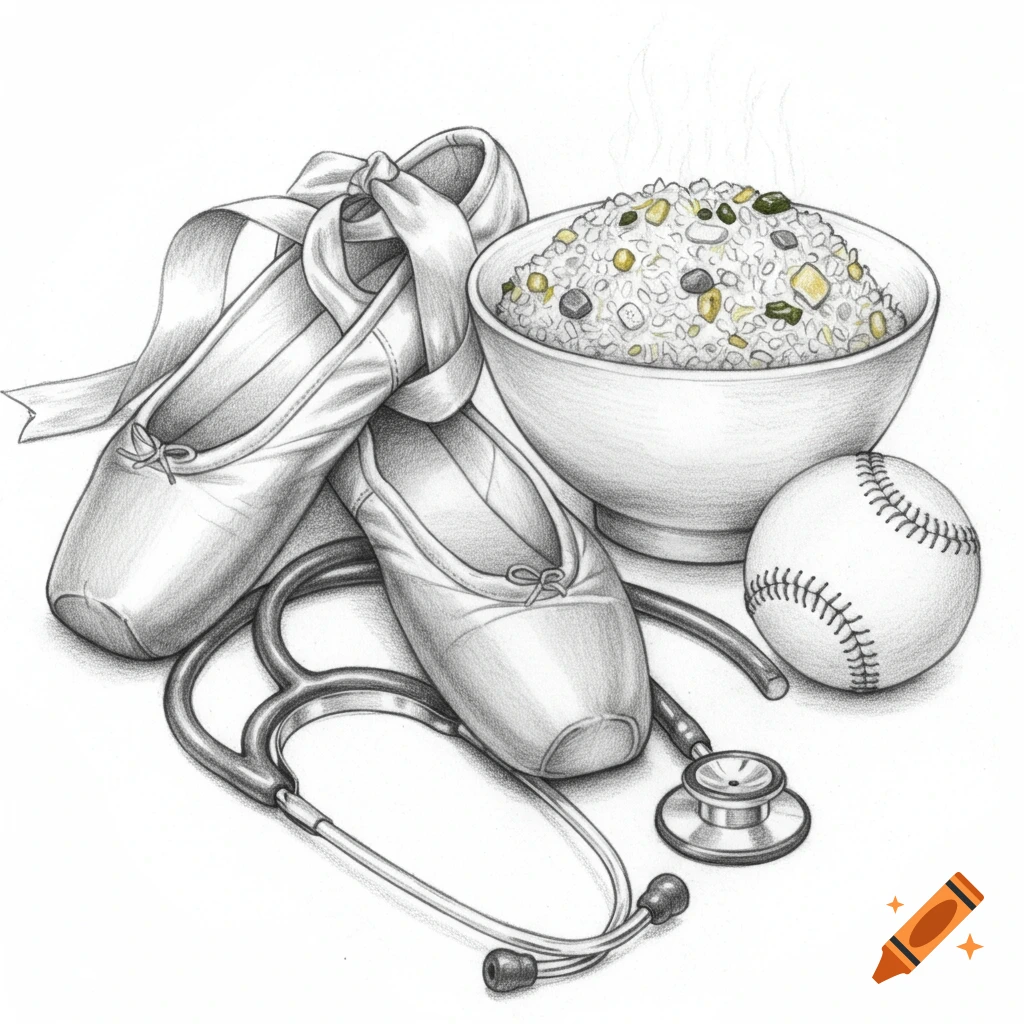 A realistic pencil sketch still life featuring ballet shoes, a stethoscope, a baseball, and a steaming bowl of fried rice.