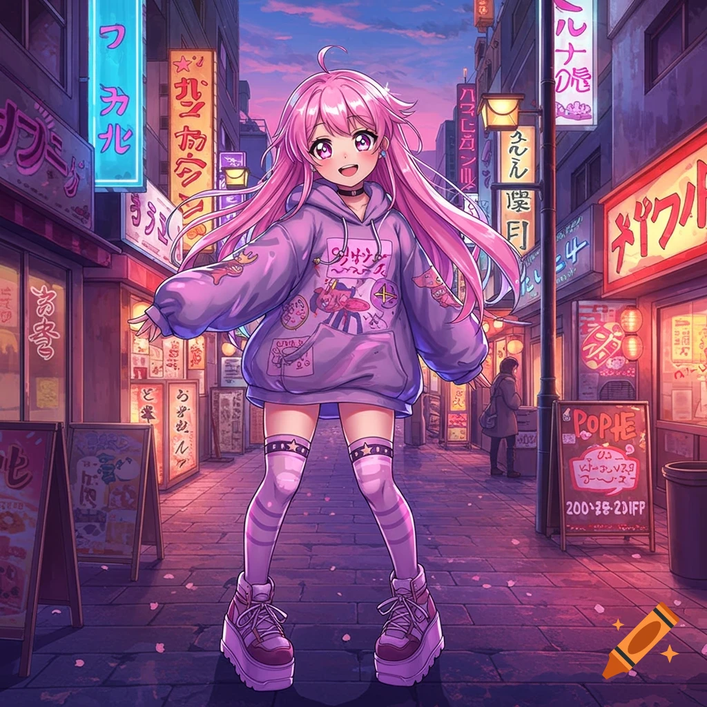 An anime girl with long pink hair, wearing a purple oversized hoodie and striped stockings, stands smiling in a vibrant, neon-lit Japanese street at dusk.
