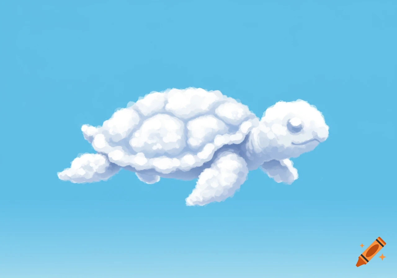 A white cloud shaped like a sea turtle swims through a light blue sky in a soft, dreamlike art style.