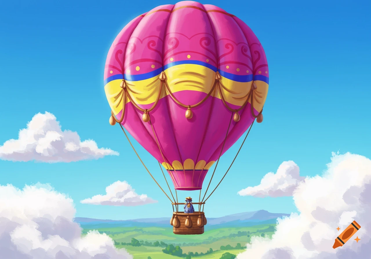 A vibrant cartoon hot air balloon, pink and yellow, floats in a blue sky above green hills.