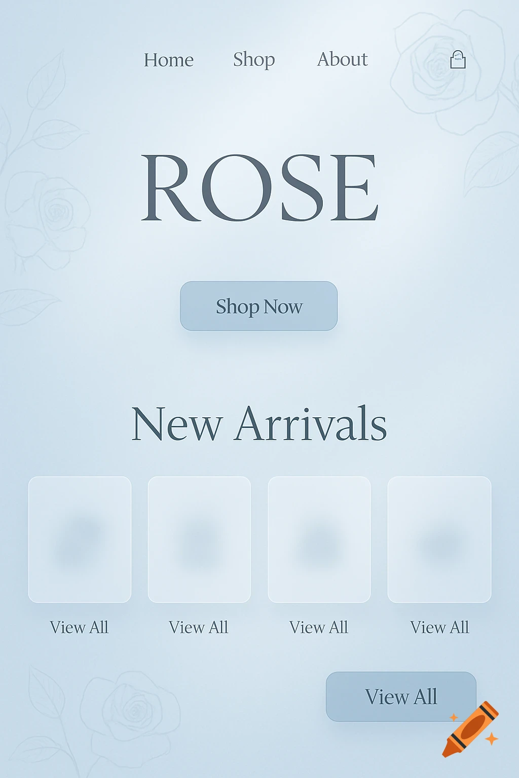 A soft blue e-commerce UI design for a shop named ROSE, featuring navigation, a 'Shop Now' button, and 'New Arrivals' section.