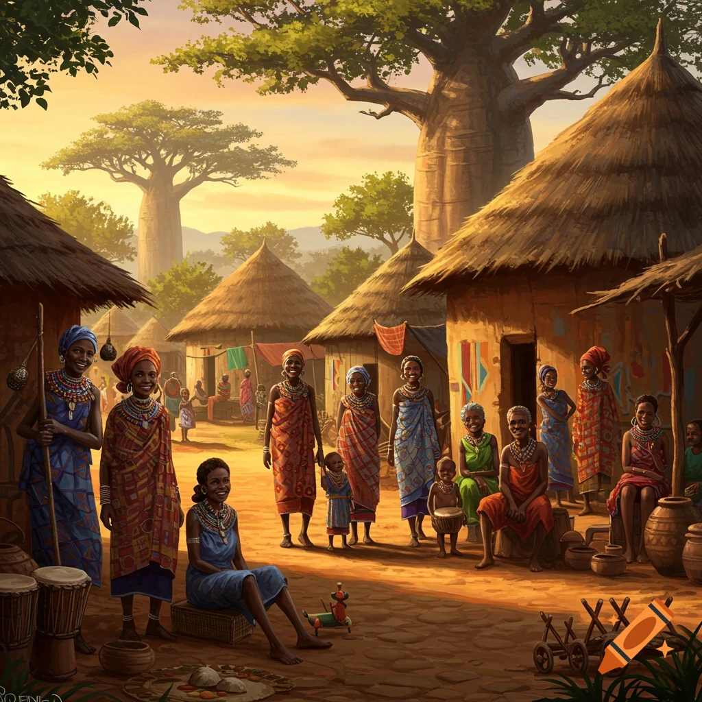 Vibrant illustration of a traditional African village at sunset with people, thatched huts, and baobab trees.