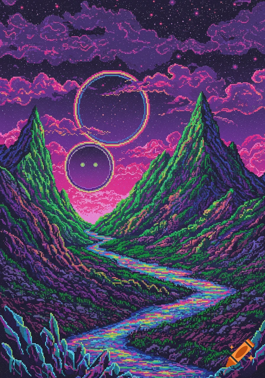 A vibrant pixel art fantasy landscape with green mountains, a colorful river, and two large circular objects in a purple, star-filled sky.