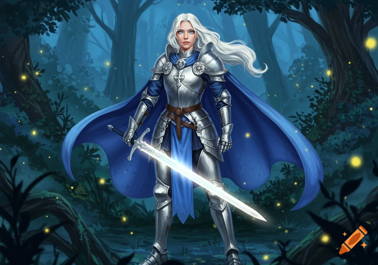 A female knight with long white hair in shiny silver armor and a blue cape holds a glowing sword in a dark forest at night.