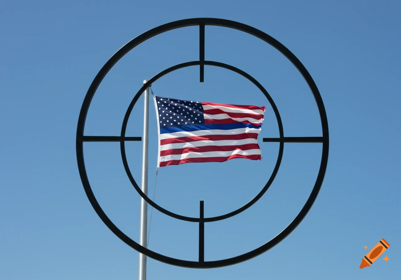 A thin blue line American flag on a flagpole viewed through a black target scope against a clear blue sky.