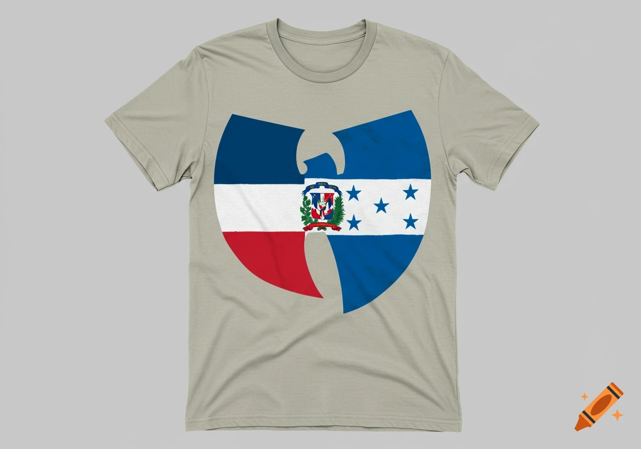 A grey T-shirt featuring the Wu-Tang Clan logo. The left side of the logo is filled with the Dominican Republic flag, and the right side is filled with the Honduras flag.