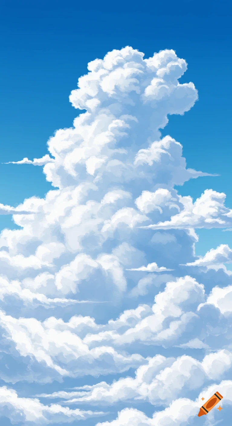 A towering white cumulus cloud against a bright blue sky, with other smaller clouds, in an illustrative style.