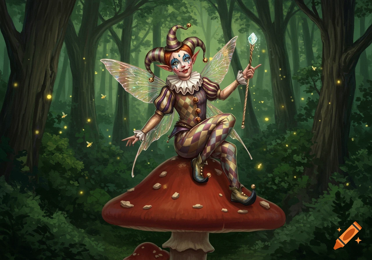 A whimsical fairy clown with a striped hat and harlequin outfit sits on a giant mushroom in a magical forest.