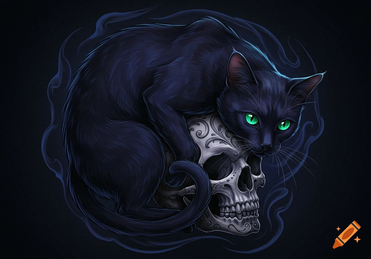 A black cat with glowing green eyes rests on a stylized white skull, surrounded by dark smoky tendrils, in an artistic style.