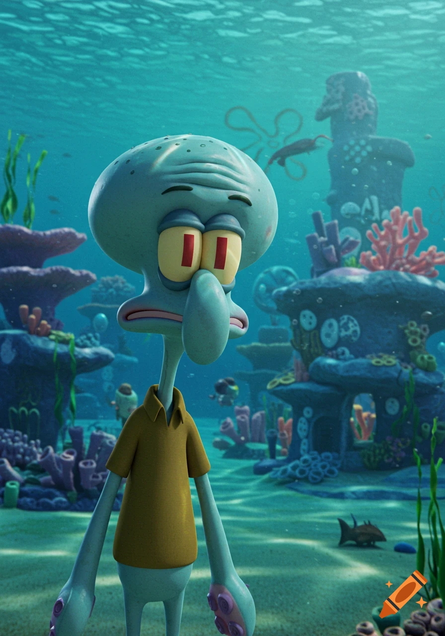 3D animated Squidward stands underwater, eyes closed, in a detailed aquatic scene.