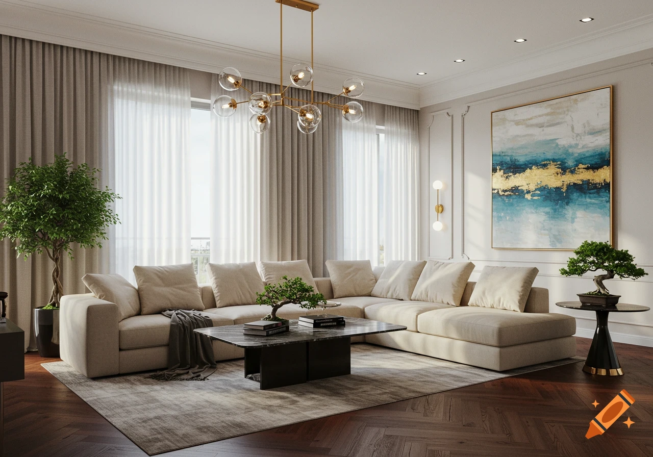 A spacious, photorealistic modern living room with a large beige sectional sofa, marble coffee table, abstract art, and houseplants.