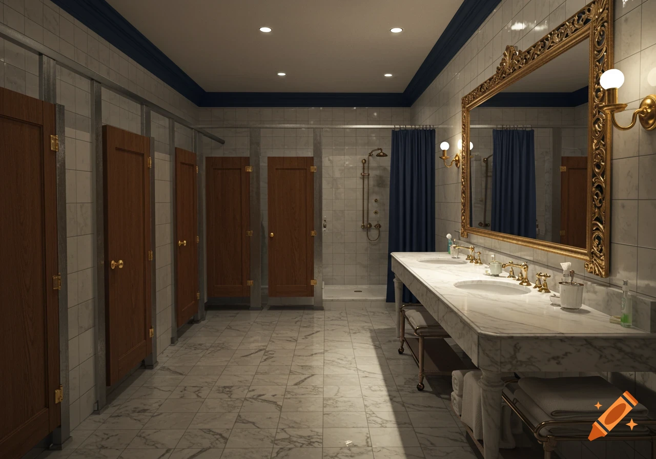 A luxurious and spacious communal bathroom with marble floors, wooden stalls, a long vanity with sinks, and a large gold-framed mirror.