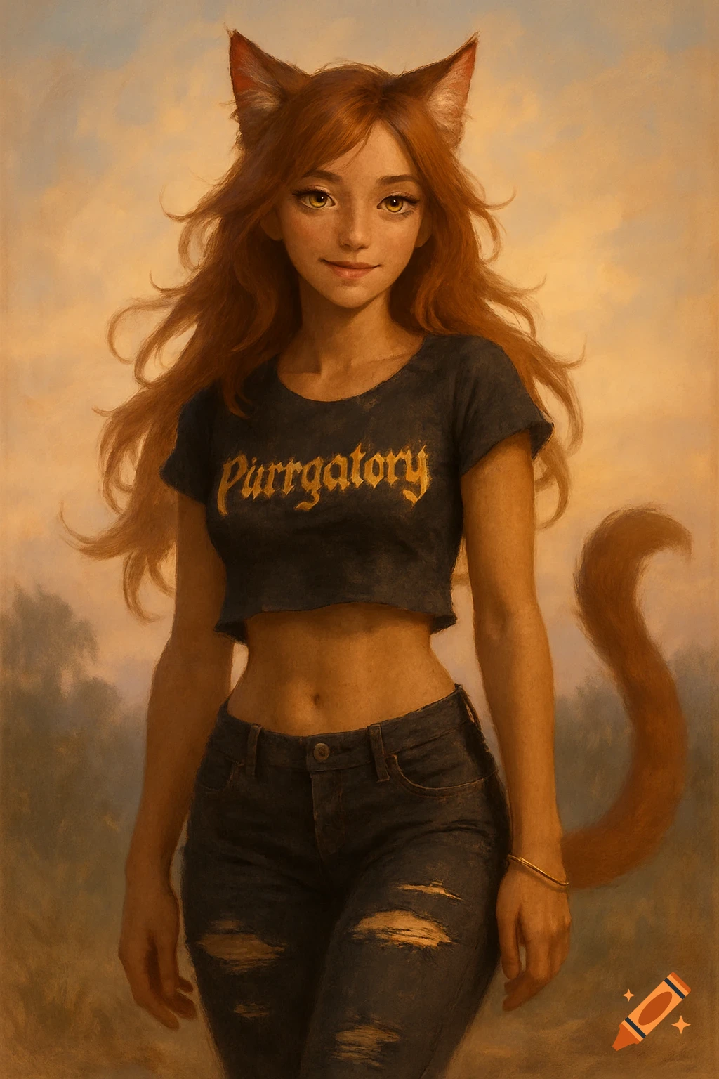 A fantasy anime-style catgirl with ginger hair, cat ears, and a tail, wearing a black crop top that says 'Purrgatory' and ripped jeans.