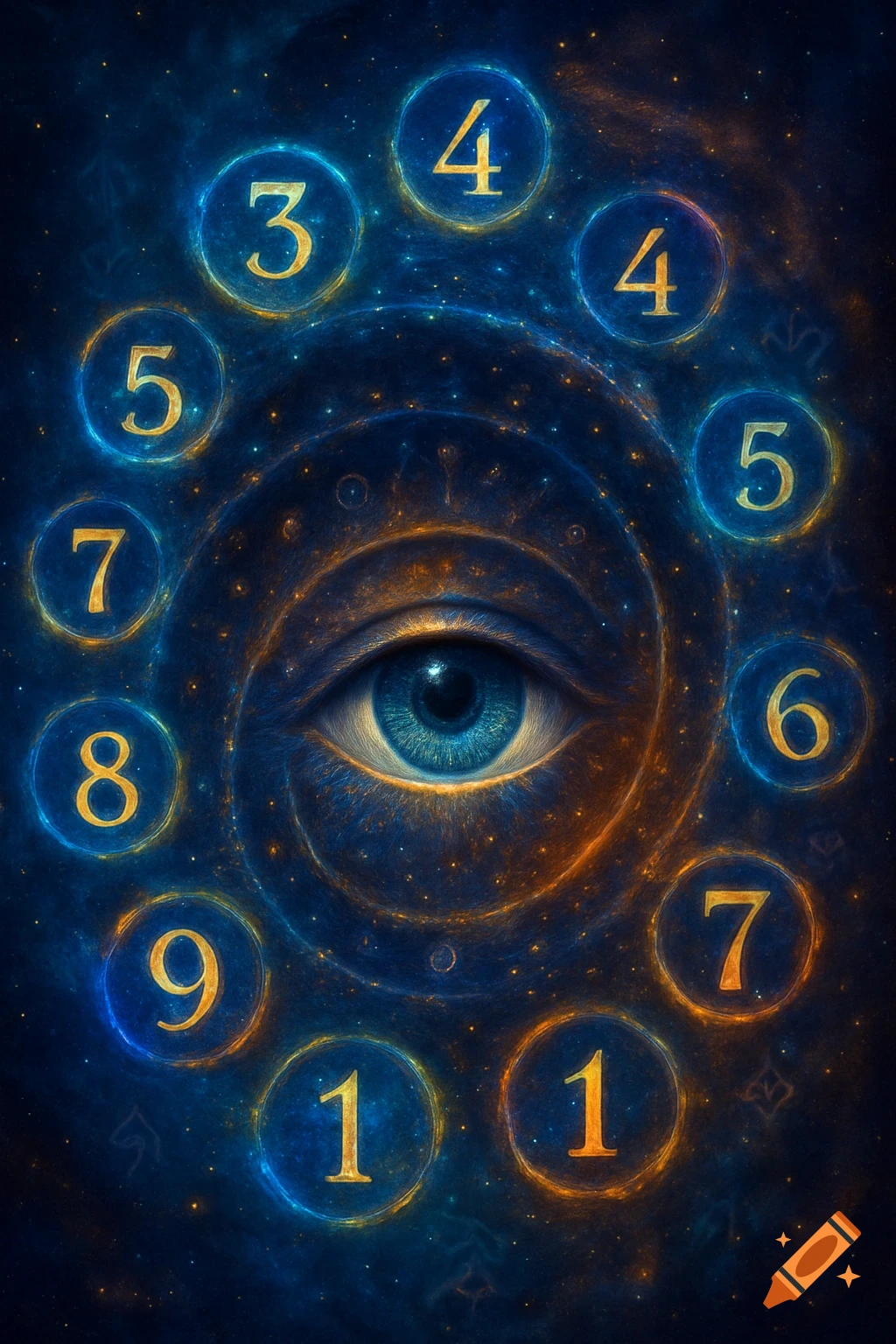 A vibrant blue eye is at the center of a cosmic spiral, surrounded by glowing golden numbers like 3, 4, 5, 6, 7, 8, 9, and 1.