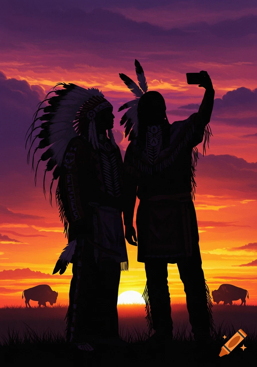 Two silhouetted Native American figures, one taking a selfie, stand against a vibrant sunset with two bison in the background.