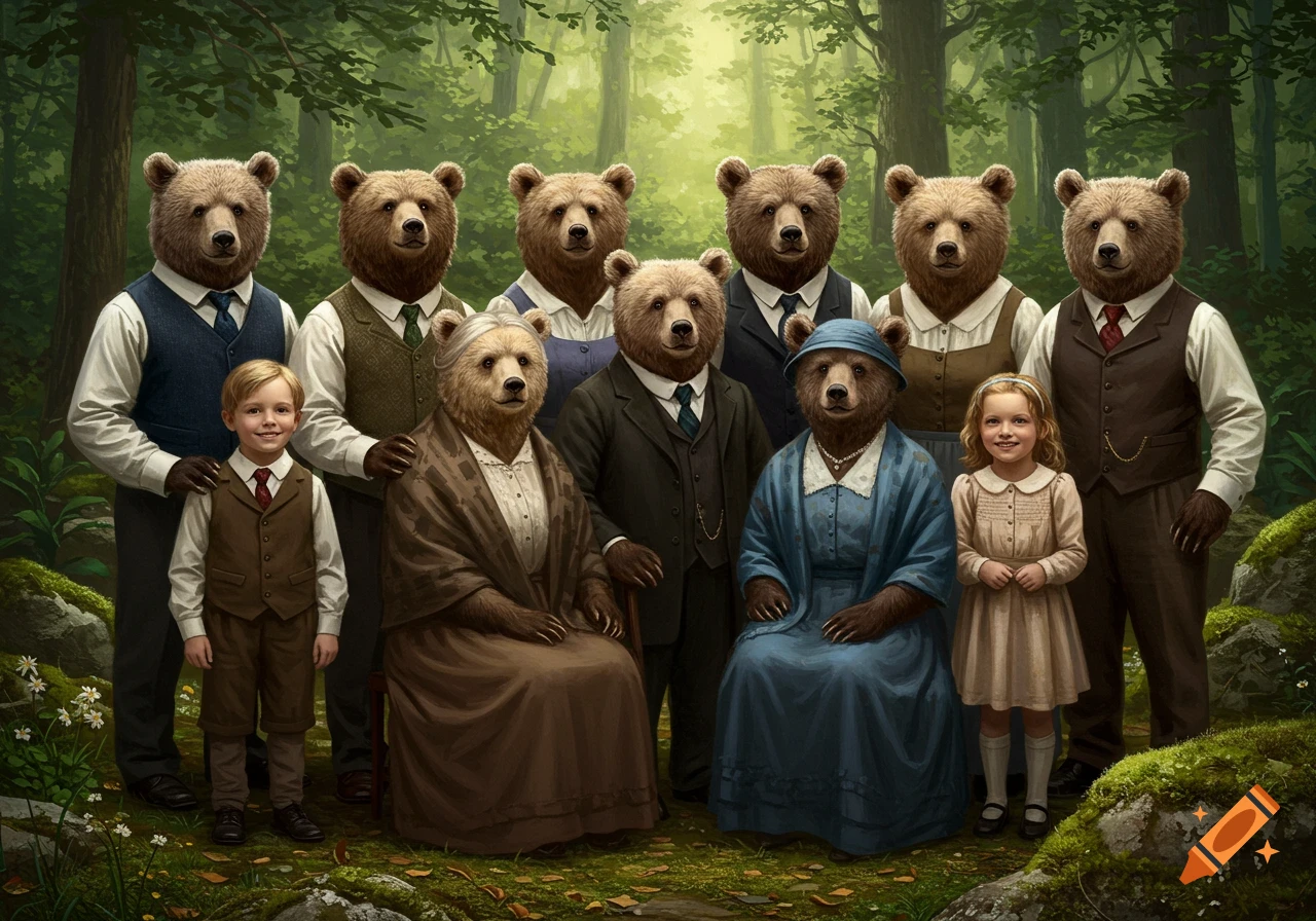 A large family of anthropomorphic bears in formal attire, including children, posing for a portrait in a sunlit forest.