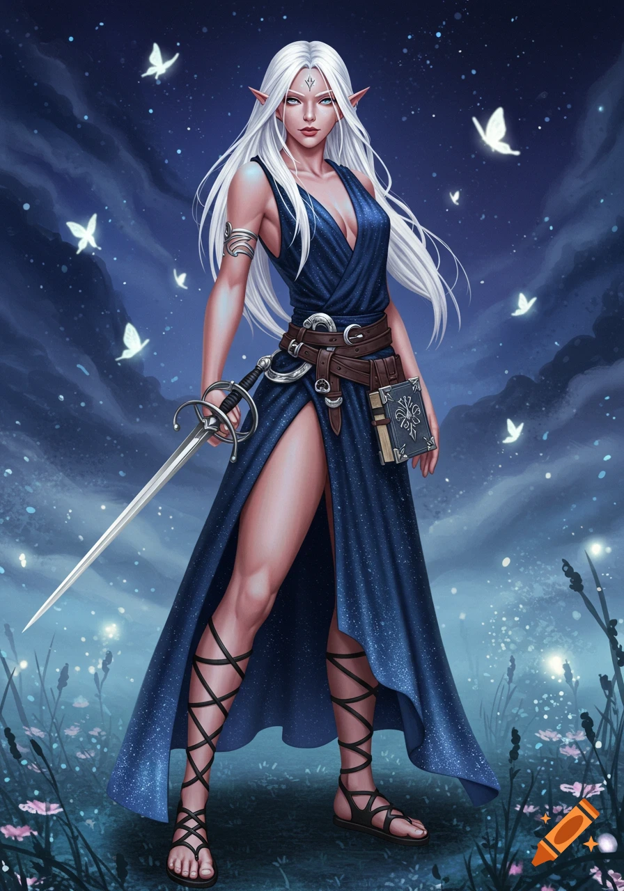 An elf woman with long white hair in a blue dress with a high slit, holding a rapier, standing in a magical night forest.