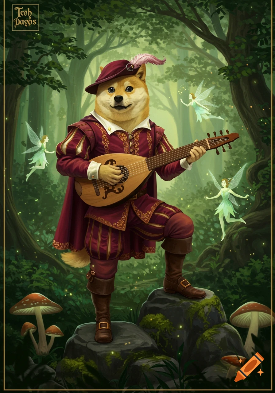 A Doge character dressed as a bard plays a lute in a magical forest with fairies and mushrooms.