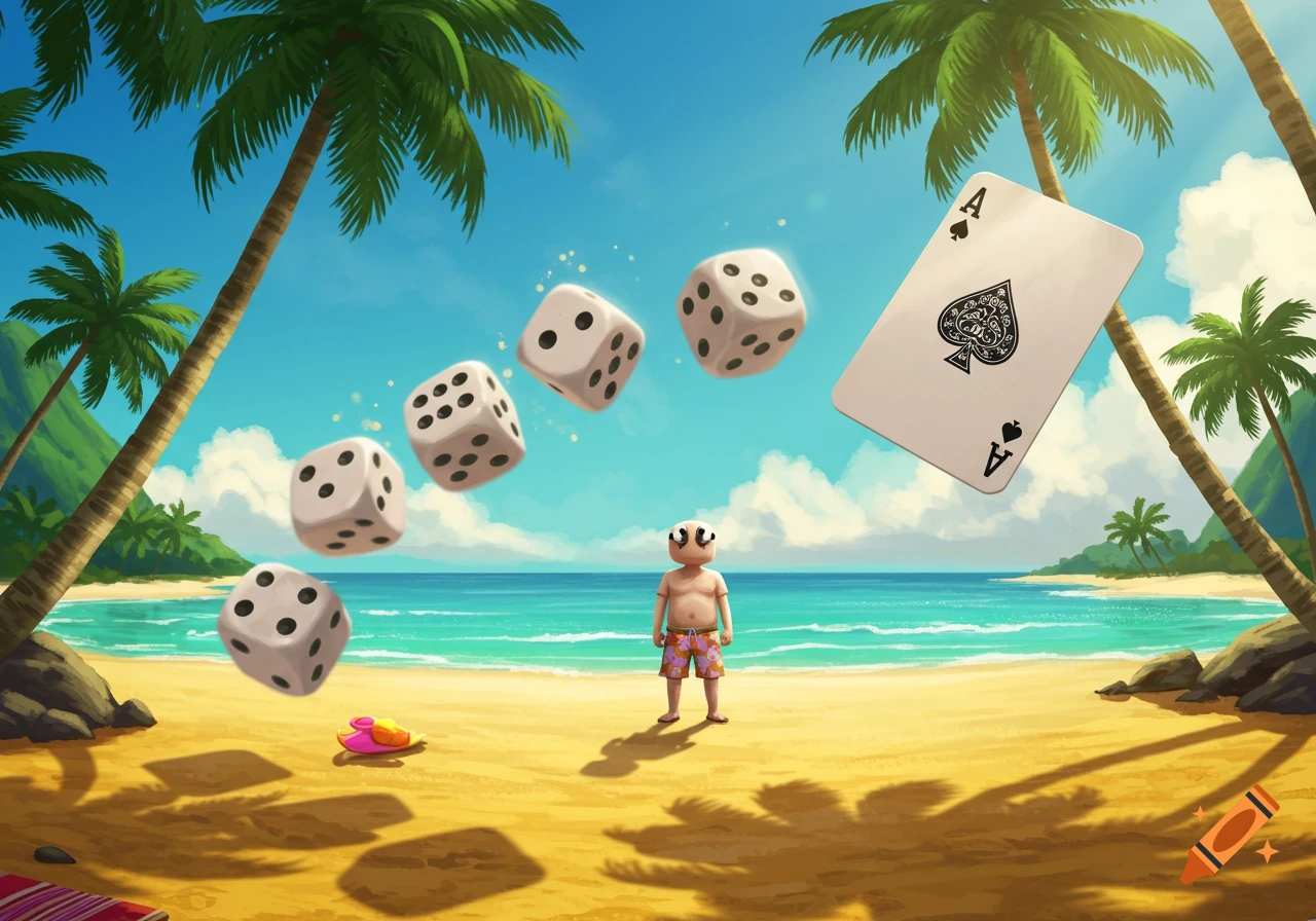 A cartoon character with big eyes stands on a sunny beach as five white dice and an Ace of Spades card float in the air, with palm trees and ocean in the background.