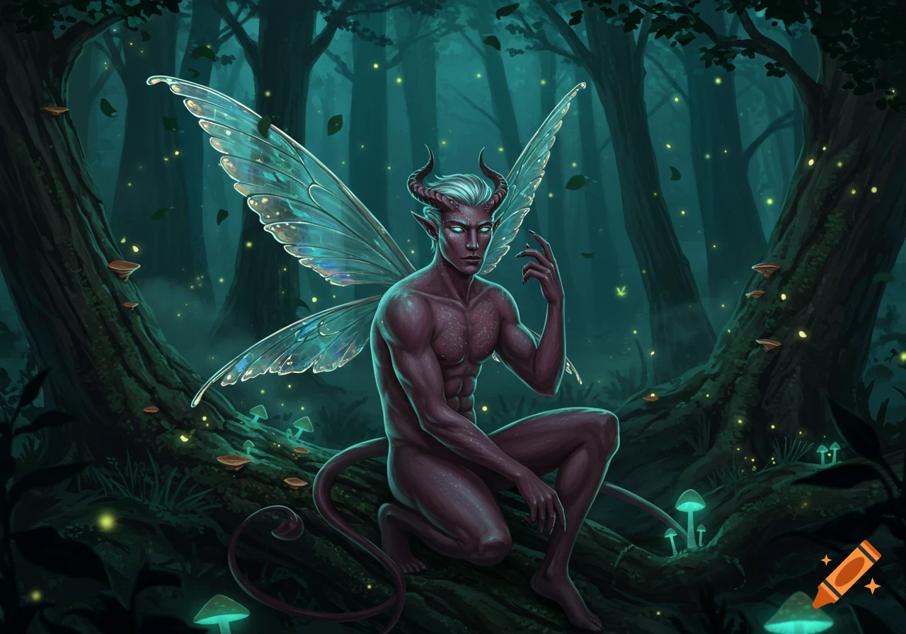 A horned, winged incubus with glowing eyes squats on a tree root in a dark, magical forest with glowing mushrooms and fireflies.