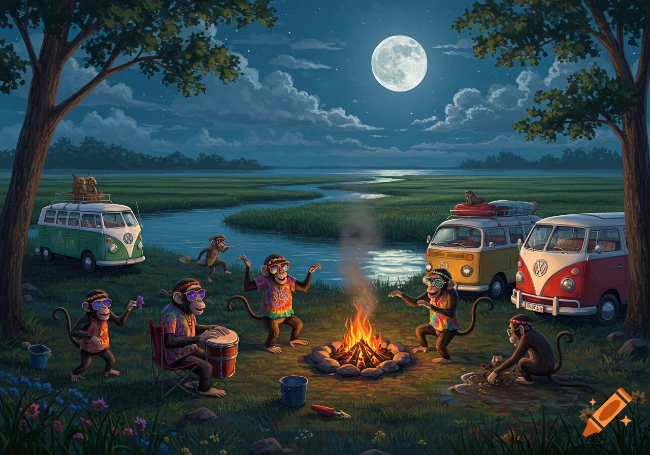 Hippie-dressed monkeys dance around a campfire by a river under a full moon, with colorful VW vans parked nearby.